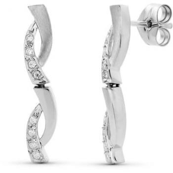 Pendientes de Oro Blanco 18k para Mujer con Barras Onduladas y Circonitas Mate Brillo - 25 mm