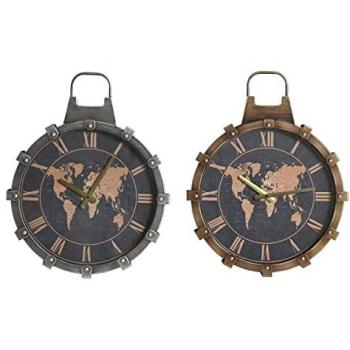 Reloj de Pared DKD Home Decor 42 x 8,5 x 54 cm Cristal Plateado Dorado Hierro Mapamundi (2 Unidades)