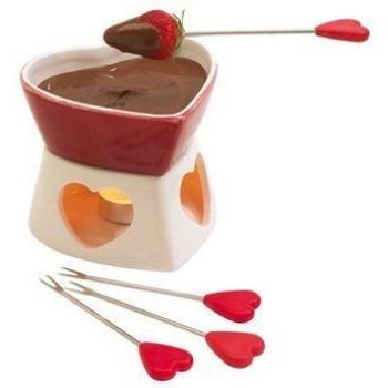 Forma Corazón Cerámica QUESO CHOCOLATE Vela Pequeña Vela Fondue Juego Maceta & 4 tenedores