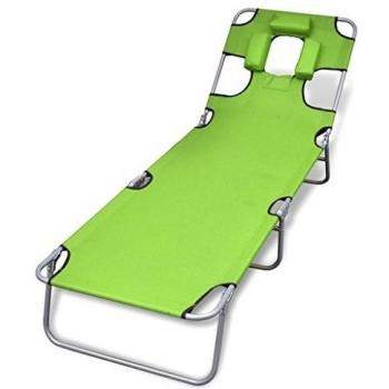 Folding Sun Lounger with Adjustable Head Cushion in Apple Green