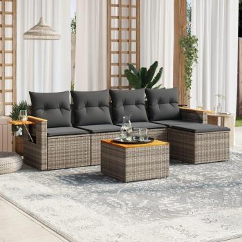 6-Piece Grey Poly Rattan Garden Sofa Set with Cushions