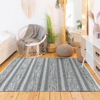 Alfombra de salón o dormitorio TERRA COTTON 100% algodón con aspecto de rayas étnicas 120 x 170 cm Blanco / Negro