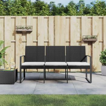 3-Seater Black PP Rattan Garden Bench with Cushions