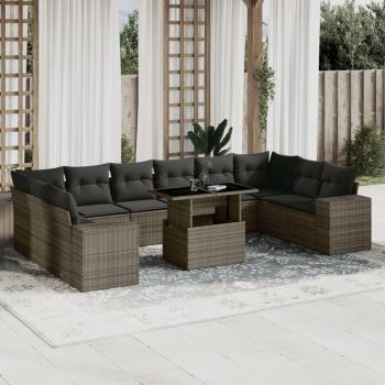 11-Piece Grey Poly Rattan Garden Sofa Set with Cushions