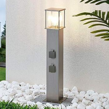 Lindby Caspa Bolardo Luminoso Moderno de Acero Gris con 2 Tomas de Corriente y E27 para Iluminación de Senderos