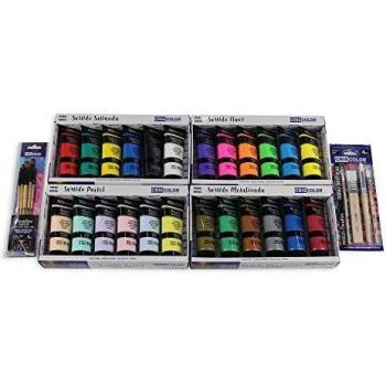 MAXI KIT - Pinturas Acrílicas 24 x 75ml - Surtido de colores Satinado, Pastel, Metalizado y Fluorescente + Juego de 9 Pinceles. Para trabajo artístico y manualidades.