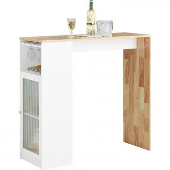 Mesa Alta de Cocina Barra Integrada para Bebidas con 1 Puerta de Vidrio, 3 Estantes y Soporte de Copas de Vino, Dimensiones: 108 x 40 x 105 cm, Color: Blanco y