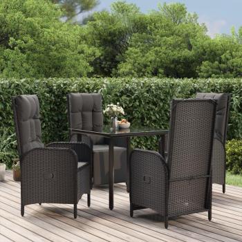 5-Piece Black Poly Rattan Garden Lounge and Dining Set with Cushions