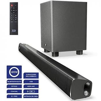 TD Systems - Barra de Sonido con subwoofer, Potencia 120W, Bluetooth 5.0,Salida Digital óptica, coaxial, HDMI, línea Jack 3.5 mm. 3 años de garantía
