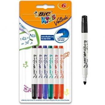 BIC Kids Mini Velleda rotuladores Pizarra Blanca punta fina - colores Surtidos, Blíster de 6 unidades