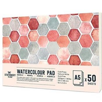 Stationery Island Papel Acuarela - A5 Grado De Estudiante. Cuaderno De Bocetos De Acuarela Prensado En Frío Con 50 Hojas y Papel Premium De 300gsm Con Doble Textura. Para Pintar, Dibujar y Bocetos