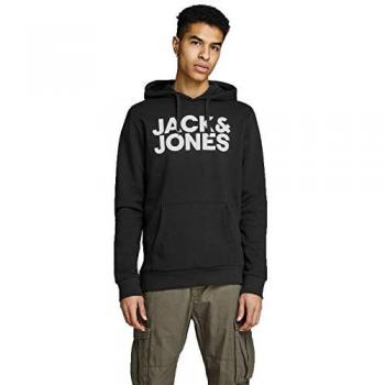 Jack & Jones Men's Hoodie with Kangaroo Pocket and Logo Print, Model JJECORP NOOS, Black