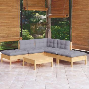 Juego de muebles de jardín 6 piezas con cojines sólidos gris de madera de pino