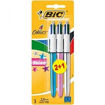 Bolígrafos Retráctiles BIC Shine de 4 Colores Metálicos, Punta Media de 1.0mm, Pack de 3 Unidades