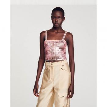 Sandro Flashy Pink Crop Top with Rhinestone Detail - Size: Large