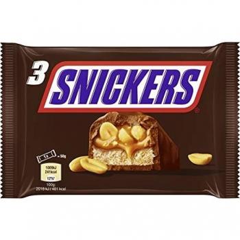 Snickers Delicioso Pack de 3 Barritas de Chocolate con Leche y Relleno de Crema de Cacahuetes 150g