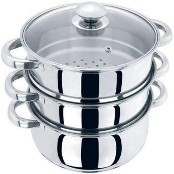 Olla Vapor Multi Comida Acero Inoxidable 3 Estantes Grande Tapa Cristal 24 cm - Plateado