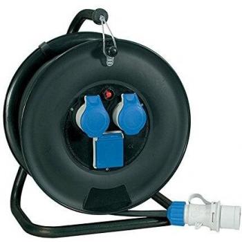 Enrollador de Cable Eléctrico Industrial 30m con Disyuntor y 2 Tomas de Corriente 16A