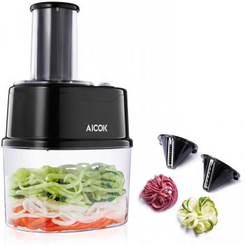 Aicok Espirilizador Eléctrico, Spiralizer, Cortador en Espiral Eléctrico, 2 Hojas Intercambiables de Acero Inoxidable, 1,7L Tazón de Preparación Desmontable, Apto para Lavavajillas, 120W, Negro