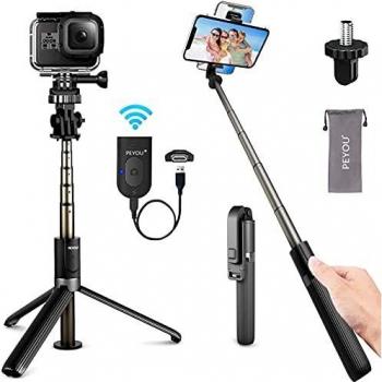 PEYOU Palo Selfie Trípode, [RECARGABLE]4 en 1 32.3'' Palo Selfie Trípode Bluetooth para GoPro, Aluminio Aleación, 360° Rotación, Inalámbrico Remoto, Compatible para iPhone 13,12 Pro Max,11,Samsung S21