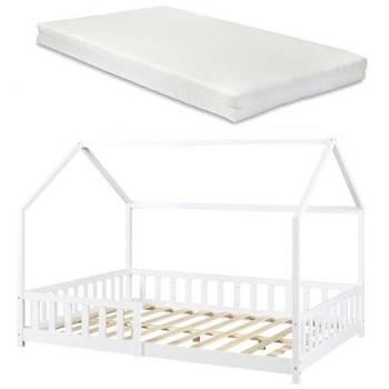 Cama Infantil Hesel en Forma de Casa con Reja y Colchón 140x200cm - Blanco