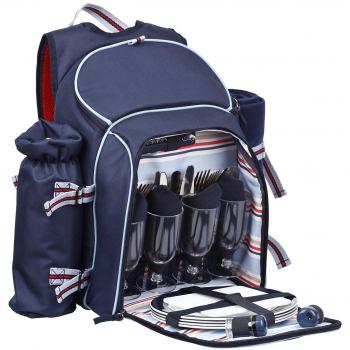 Coastal - Mochila para Picnic con Servicio para 4 Personas Color Azul + Manta de Vellón