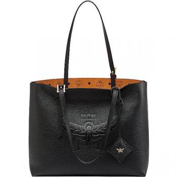 MCM Lauretto Medium Black Shopper Bag in Embossed Logo Leather