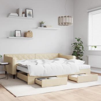Sofá cama nido extraíble con cajones en tela color crema 90x200 cm