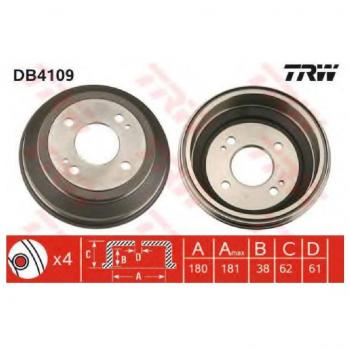 Tambor de freno TRW DB4109 Ø180mm, 4 agujeros, trasero para Honda y Rover