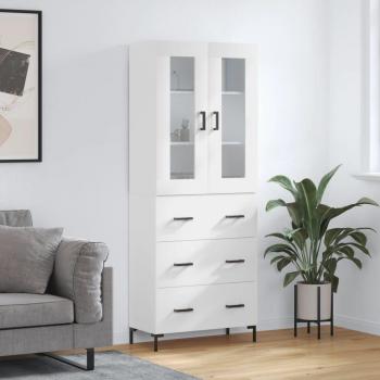 Aparador alto de madera contrachapada blanco brillo 69,5x34x180 cm con 3 cajones, mueble de almacenaje para salón, buffet y armario auxiliar