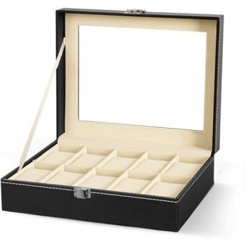 Caja Organizadora de Relojes de Piel Sintética con 10 Compartimentos y Almohadillas Extraíbles, Tapa de Cristal