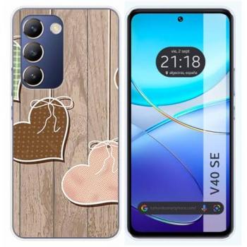 Funda de Silicona para Vivo V40 SE 5G con Diseño de Corazones y Madera