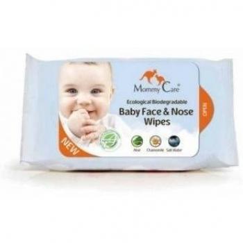 Toallitas de Limpieza para la Cara y la Nariz del Bebé Baby Face & Nose Wipes de Mommy Care - Orgánicas y biodegradables, sin SLS y sin parabenos, Fórmula Natural Suavemente Perfumada, Ideal para la Piel Sensible del bebé.
