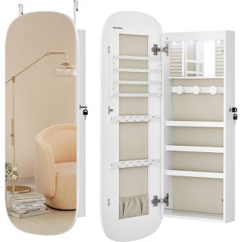 Espejo Joyero de Pared con Luz LED y Cerradura, Organizador de Joyas con Varios Compartimentos para Pendientes y Collares, Color Blanco, Ideal para Habitación o Dormitorio
