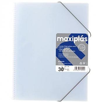 Carpeta Maxiplás A4 con 30 Fundas Transparentes, Tapas Rígidas Blancas, Espiral PVC, Apertura 360 y Sobre Incluido para Archivar Material Escolar y de Oficina