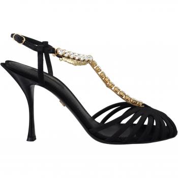 Dolce & Gabbana Black Satin Clear Crystal T-strap Sandal Shoes - EU35.5/US5, High Heel Sandals, female, Black, Size: 5 1/2 US
