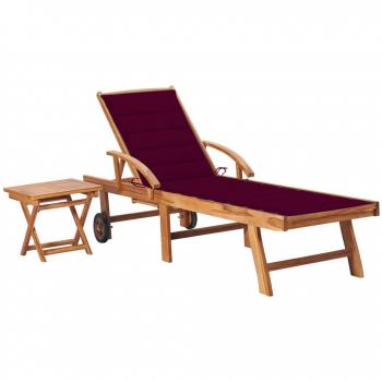 Solid Teak Wood Sun Lounger with Table and Cushion