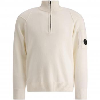 C.P. Company Men's Half-Zip Turtleneck Sweater with Lens Detail in White, Size XL