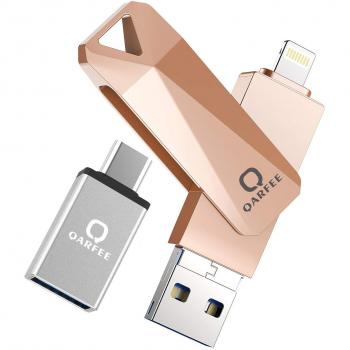 QARFEE Memoria Flash Universal 32 GB, aleación de Zinc,USB 3.0 Almacenamiento Externo USB, Memoria Flash Compatible con iPhone, iPad, iPod, Mac, iOS, Android y Ordenador, Color Rosa Naranja