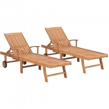 vidaXL Set of 2 Solid Teak Wood Sun Loungers with Cushions