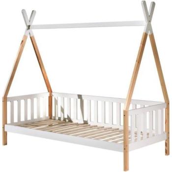Cama Tipi Vipack 90 x 200 cm con Rolllattenrost y opción de cajón, color blanco y madera natural