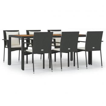 7-Piece Black Poly Rattan Garden Dining Set with Cushions