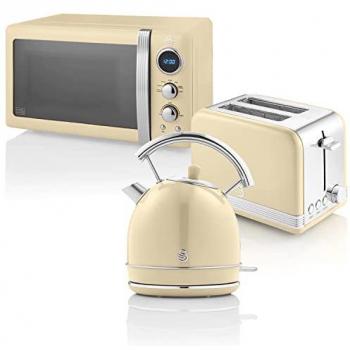 Swan Retro STRP2070CNEU Set Desayuno con Hervidor de Agua 1,8L, Tostadora Pan Ranura Ancha 2 Rebanadas y Microondas Digital 20L,
