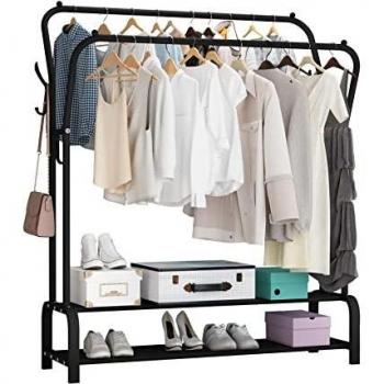 UDEAR Perchero Burro Independiente Perchero Varillas Dobles Estante de Ropa de Dormitorio Multifuncional, Doble Capa, 4 Ganchos,Negro