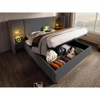 Cama contenedor de lino gris 160x200 cm con somier y 2 mesitas de noche con luz de lectura y carga