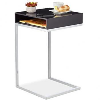 Mesa Auxiliar en Forma de C con Compartimento de Almacenamiento, 63x37x38 cm, MDF y Acero, Negro/Plateado