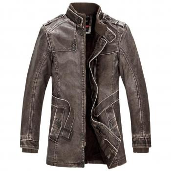 Highdas Hombres Chaquetas de cuero de invierno de la motocicleta caliente chaqueta de cuero para hombre de la moda Escudo de Lujo Marr¨®n 2XL