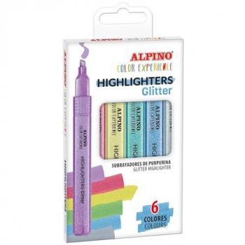 Estuche 6 subrayadores glitter color experience Alpino con punta biselada de 1-4 mm, tinta a base de agua, colores vibrantes y calidad superior