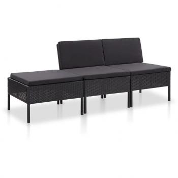 3-Piece Black Poly Rattan Garden Lounge Set with Cushions