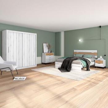 Conjunto de Muebles de Dormitorio Estilo Nórdico en Color Blanco Albo y Roble Rayado (Cama de Matrimonio, Cabecero, 2 Mesitas de Noche, Cómoda y Armario)